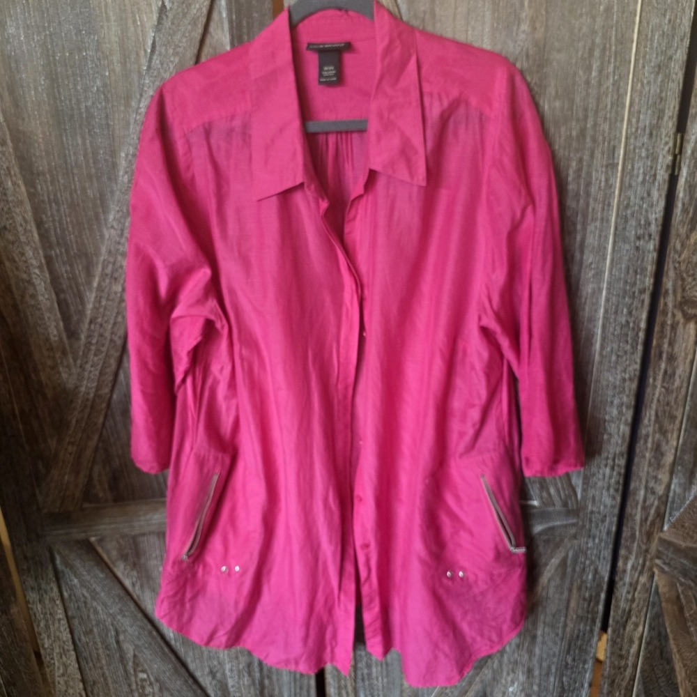 Lane Bryant Shirt Women's Size 22/24 Hot Pink Tunic Button Up Zipper Silk Blend